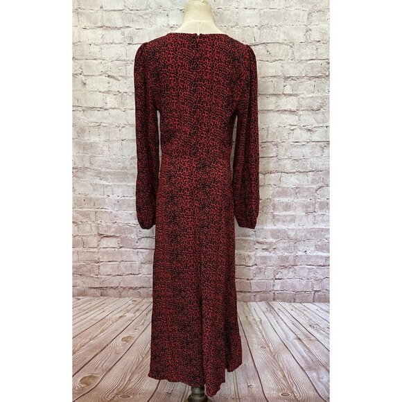 LOFT Womens Midi Dress Size 4 Red Animal Print Cheetah Long Sleeve Side Slit NEW - Picture 10 of 11